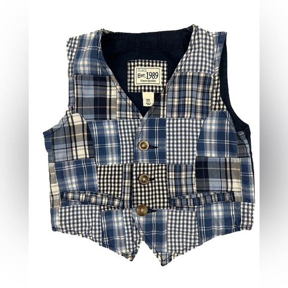 Childrens Place Boy 3T Blue Patchwork Vest Pockets Cotton Grandpa Preppy Cottage - Picture 1 of 2